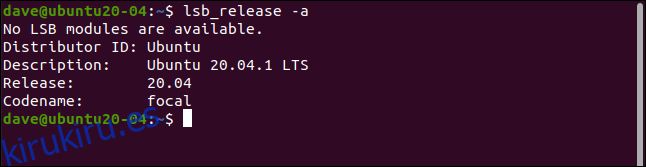 Salida de lab_release en Ubuntu en una ventana de terminal.