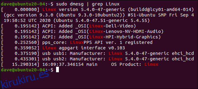 sudo dmesg |  grep Linux en una ventana de terminal.