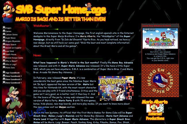 El sitio web de SMB Super Homepage en GeoCities.