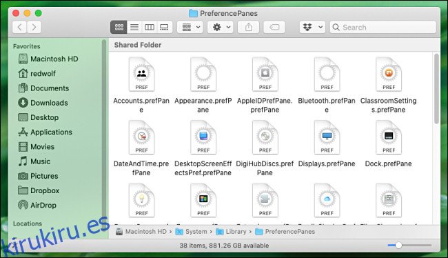 Archivos del panel de preferencias de Mac como se ven en el Finder.