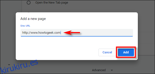 En Configuración de Chrome, ingrese la URL de la página de inicio que le gustaría usar.