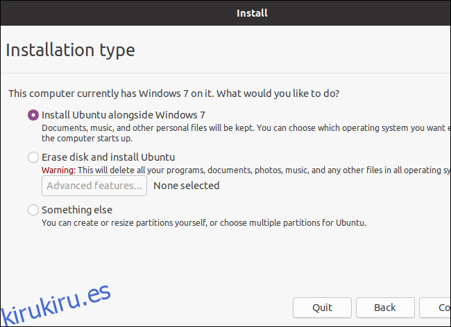 Elegir un tipo de instalación al instalar Ubuntu