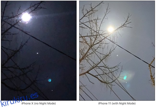 Dos imágenes de la luna, una en un iPhone 10 y la otra en modo nocturno en un iPhone 11.