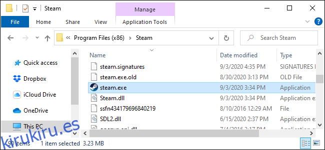 El archivo steam.exe en el Explorador de archivos