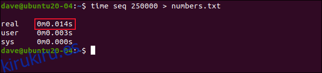 time seq 250000> numbers.txt en una ventana de terminal «.  width = ”646 ″ height =” 147 ″ onload = ”pagespeed.lazyLoadImages.loadIfVisibleAndMaybeBeacon (esto);”  onerror = ”this.onerror = null; pagespeed.lazyLoadImages.loadIfVisibleAndMaybeBeacon (this);”> </p>
<p> El tiempo que lleva completar la lista y crear el archivo es ahora aproximadamente 1/7 de segundo. < / p> </p>
<div style=
