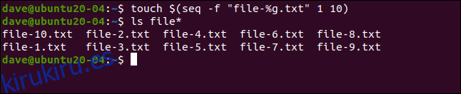 Crearemos un conjunto de 10 archivos con el mismo nombre base y un número diferente (archivo-1.txt, archivo-2.txt, etc.).  Escribimos lo siguiente: 