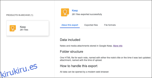 Un archivo de datos de Google Keep.