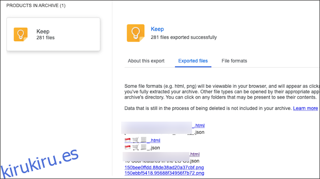Notas de Google Keep en un archivo de datos exportados.