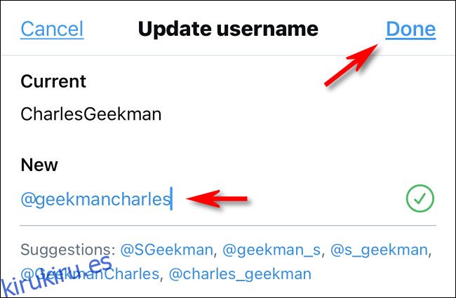 En la aplicación de Twitter, escriba su nuevo nombre de usuario y toque 