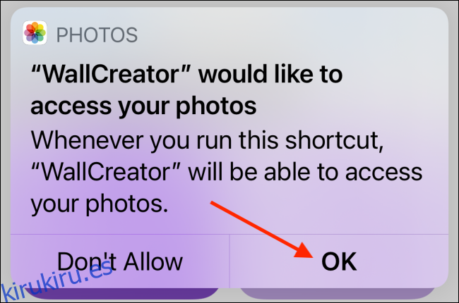 Toque Aceptar para permitir el acceso a las fotos