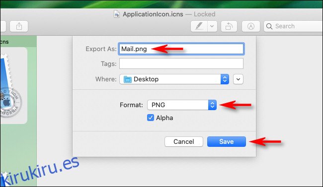 En el cuadro de diálogo Exportar en Vista previa en Mac, ingrese un nombre, destino y tipo de archivo.