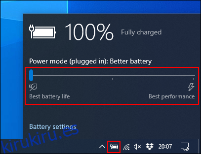 Haga clic en el icono de la batería en la barra de tareas y luego arrastre el control deslizante para cambiar los modos de energía.