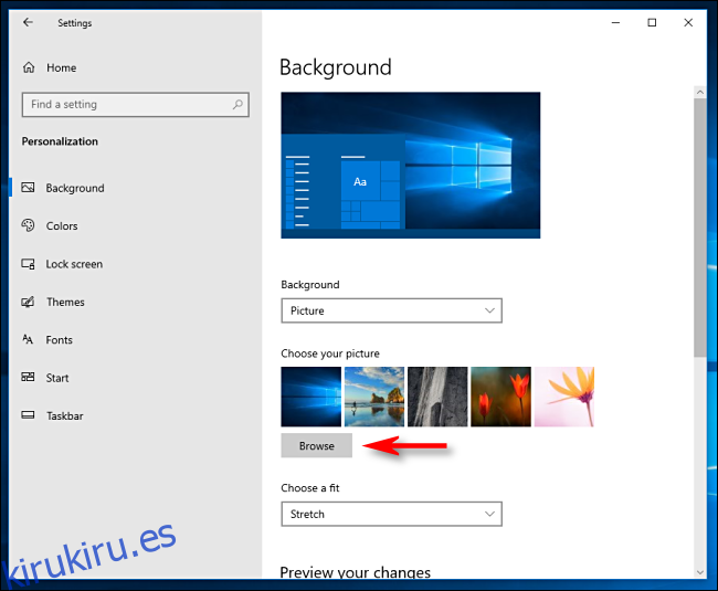 Haga clic en Examinar para elegir un fondo de escritorio en Windows 10