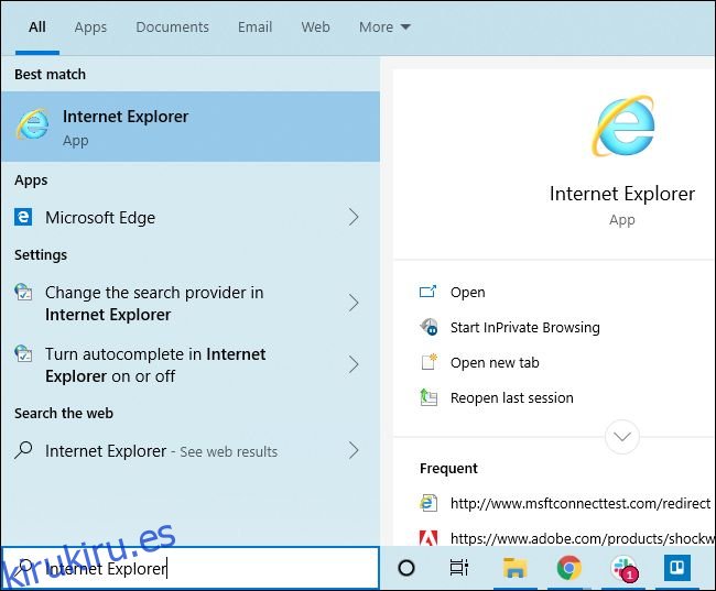 Iniciar Internet Explorer desde el menú Inicio de Windows 10.