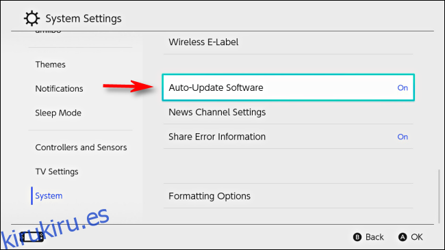 Seleccione Actualización automática de software en la configuración de Nintendo Switch