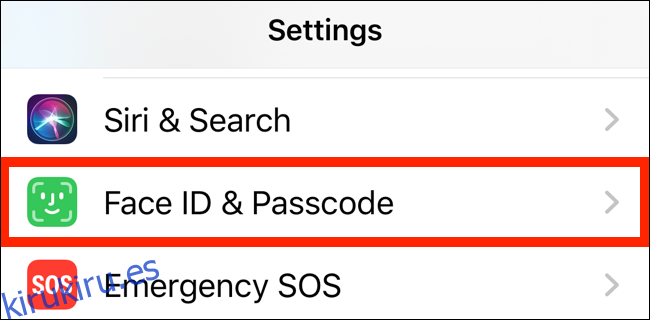 Haga clic en la sección Face ID y Passcode de Configuración
