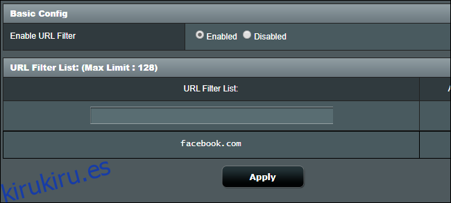 Bloqueo de sitios web en un enrutador Asus con la función Lista de filtros de URL.
