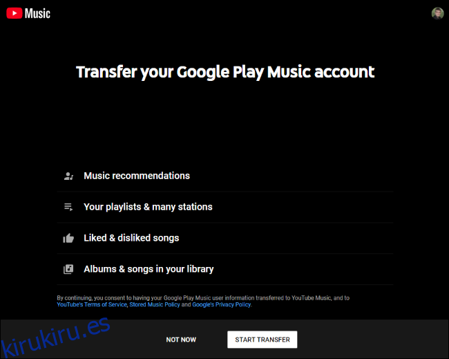 Transferencia de una cuenta de Google Play Music a YouTube Music