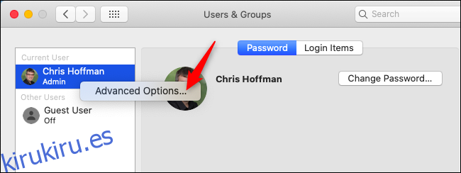 Abrir opciones avanzadas en Usuarios y grupos en macOS.