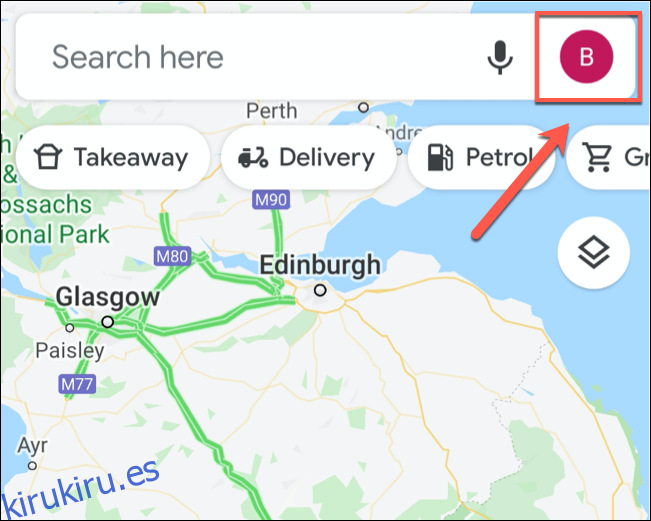Toque el ícono circular de la cuenta en la barra de búsqueda para acceder al menú de Google Maps