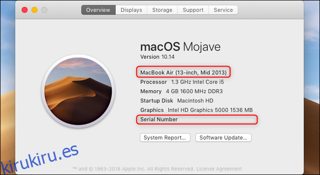 El número de modelo y el número de serie de MacBook se muestran en la ventana Acerca de esta Mac.