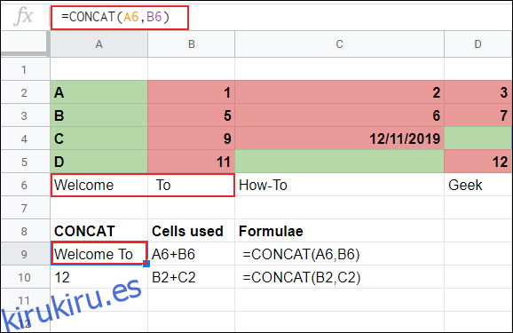 La fórmula CONCAT en una hoja de cálculo de Google Sheets que combina las celdas A6 y B6.
