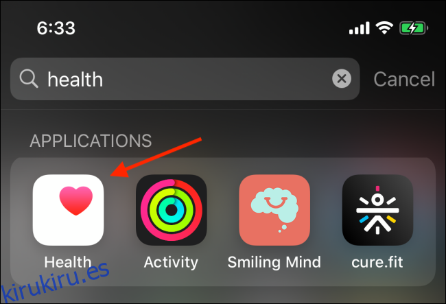Toque la aplicación Salud para abrirla desde la búsqueda de Spotlight en iPhone.