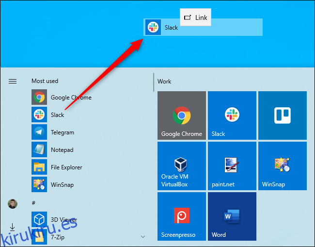 Creación de un acceso directo en el escritorio desde el menú Inicio de Windows 10