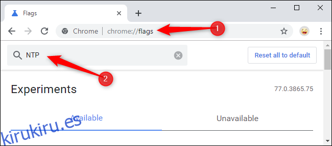 Búsqueda de banderas NTP en la página de banderas de Chrome.