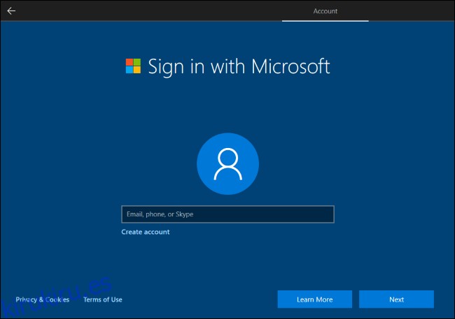 Windows 10 requiere una cuenta de Microsoft para continuar.