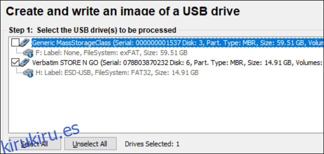 Seleccione la unidad USB para crear una imagen