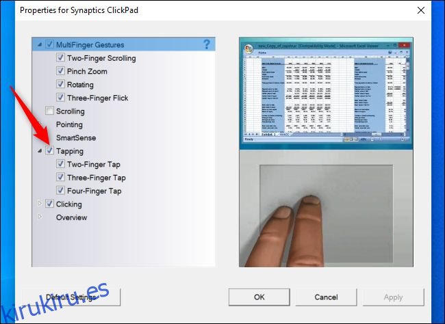 Deshabilitar tocar para hacer clic en la ventana de configuración del panel táctil Synaptics.