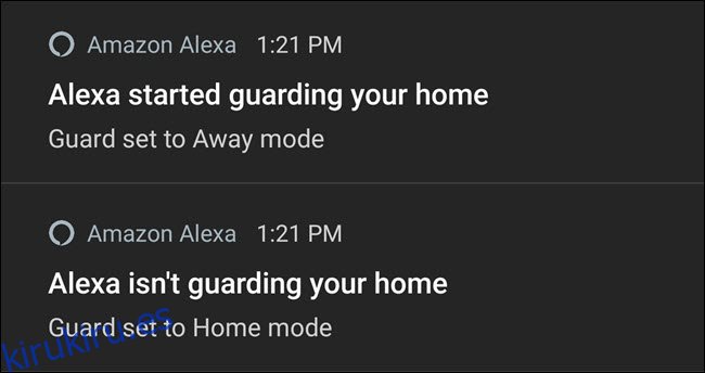 Notificaciones de Alexa que activan y desactivan la guardia.