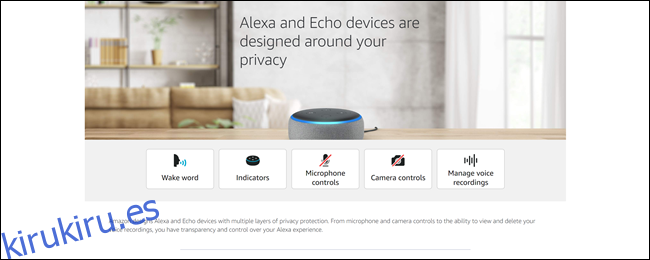 Centro de privacidad de Alexa, que muestra información sobre la palabra de activación, indicadores, etc.