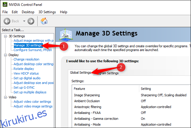 Administrar la configuración 3D global en el Panel de control de NVIDIA