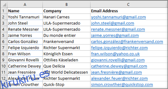 Lista de contactos en Excel