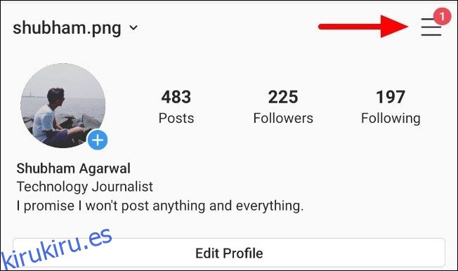Configuración del menú de perfil de la aplicación de Instagram