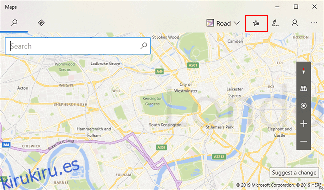 En Windows 10 Maps, haga clic en el icono de Lugares guardados en la esquina superior derecha