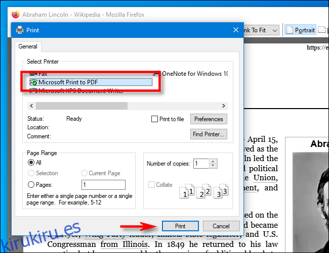 Seleccione Microsoft Print to PDF en Firefox en PC