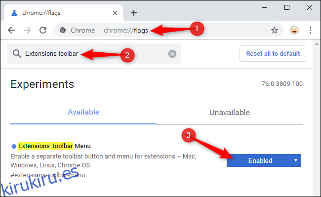 Habilitar el nuevo menú de la barra de herramientas Extensiones de Chrome en la página de banderas
