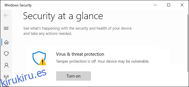 Seguridad de Windows que recomienda la protección contra manipulaciones.