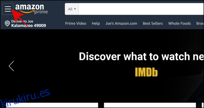 Haga clic en el icono de Menú en la página de inicio de Amazon.