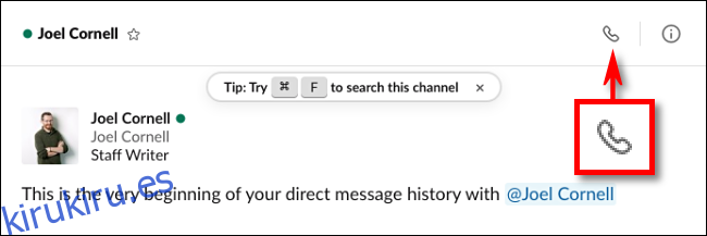 Haz clic en el ícono de llamada en Slack para realizar una videollamada.