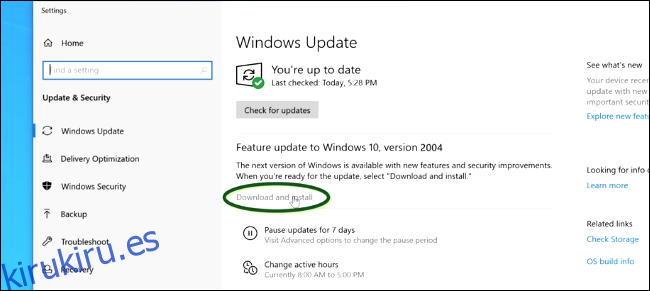 Instalación de la actualización de mayo de 2020 desde Windows Update