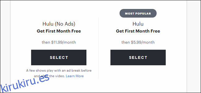 La página de registro de Hulu, con precios agradables y económicos.