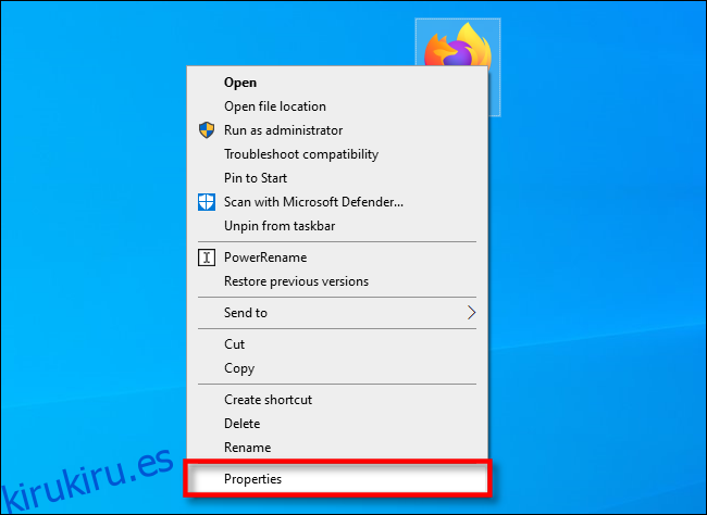 En Windows 10, haga clic con el botón derecho en un acceso directo del escritorio y seleccione 