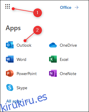 El lanzador de aplicaciones de O365 con Outlook resaltado.