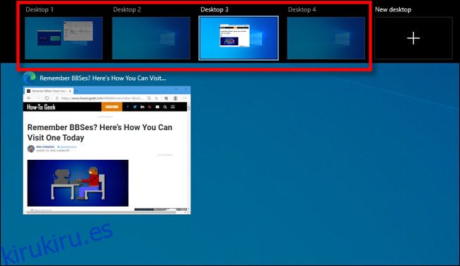 La pantalla de vista de tareas de Windows 10 que muestra escritorios virtuales