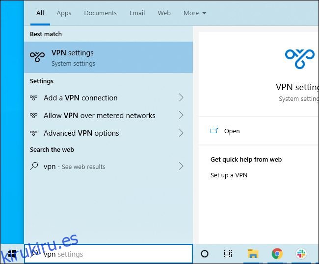Buscando en el menú Inicio de Windows 10 la configuración de VPN