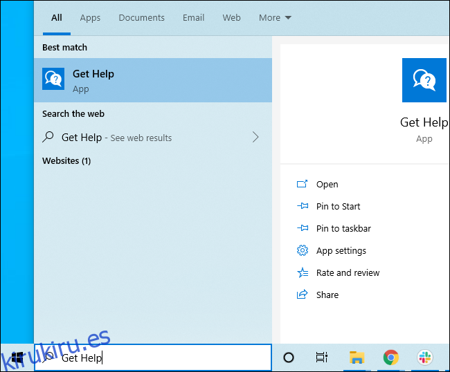 Buscando Obtener ayuda en el menú Inicio de Windows 10